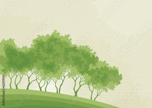 Spring  trees on abstract  background at old style
