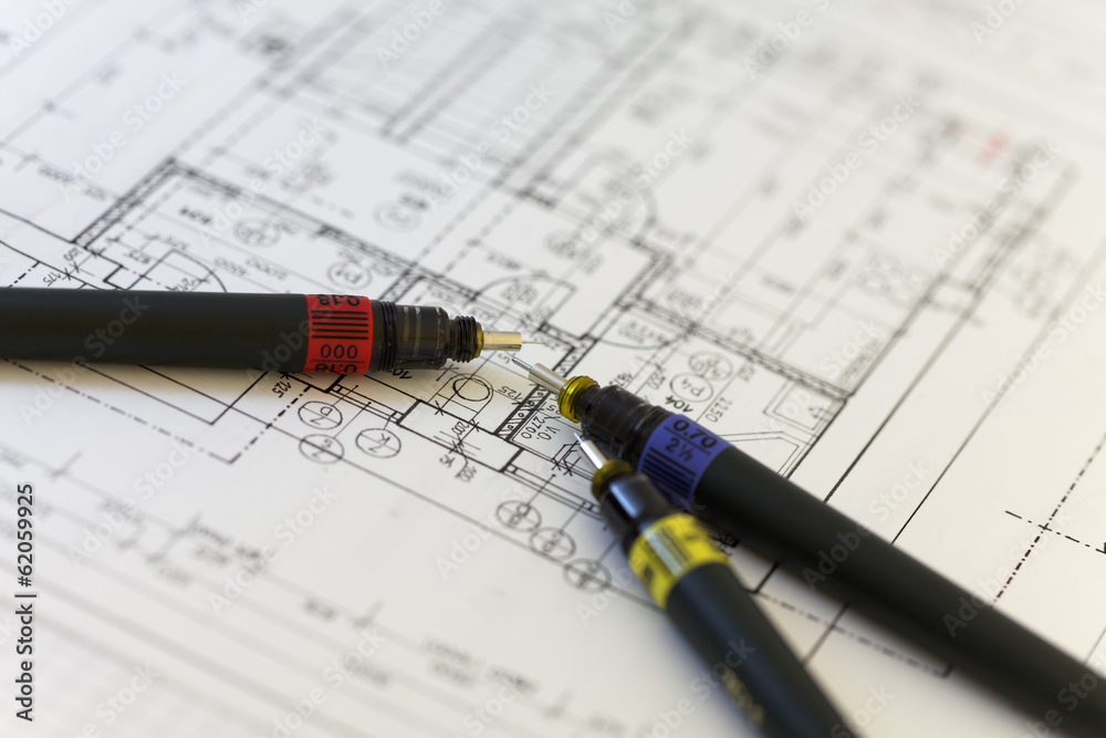 Special pens for architect on an architect plan Special pens for architect on an architect plan