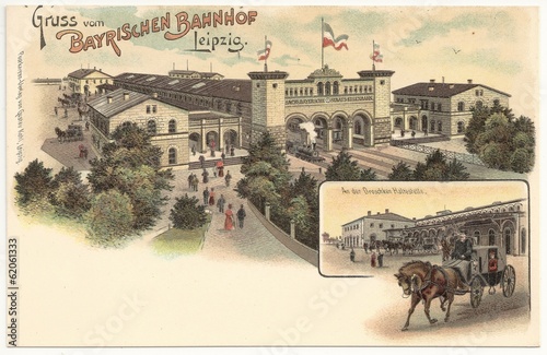 Fotografie Gruss vom Bayrischen Bahnhof in Leipzig 1900 (hist. Postkarte)