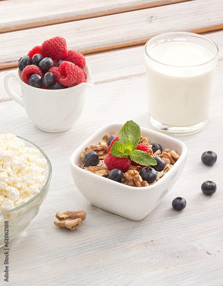 Breakfast of muesli with milk and berries Breakfast of muesli with milk and berries