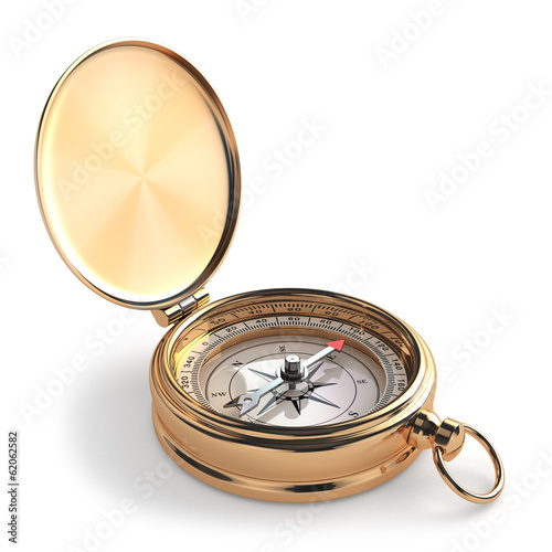 Gold compass on white isolated background.