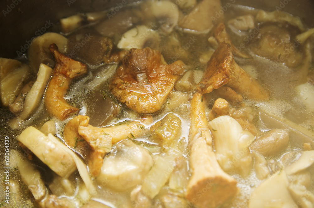 mushroom soup with potatoes and chanterelle, close-up mushroom soup with potatoes and chanterelle, close-up
