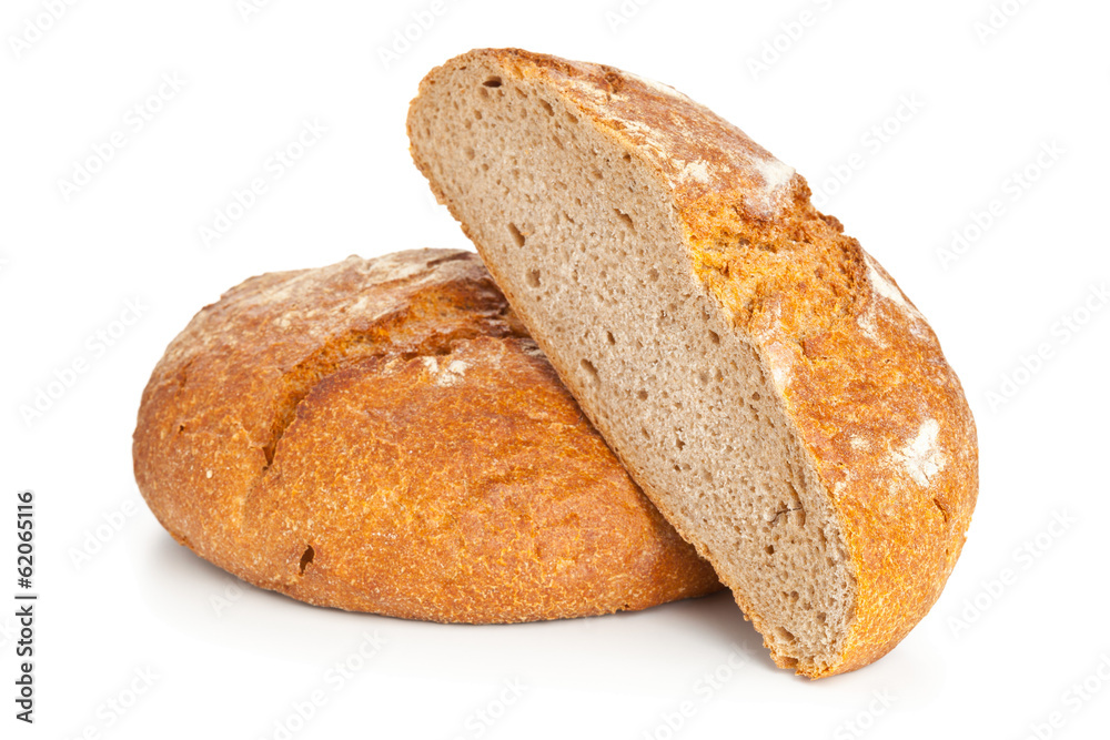 Cut loaf of bread on white
