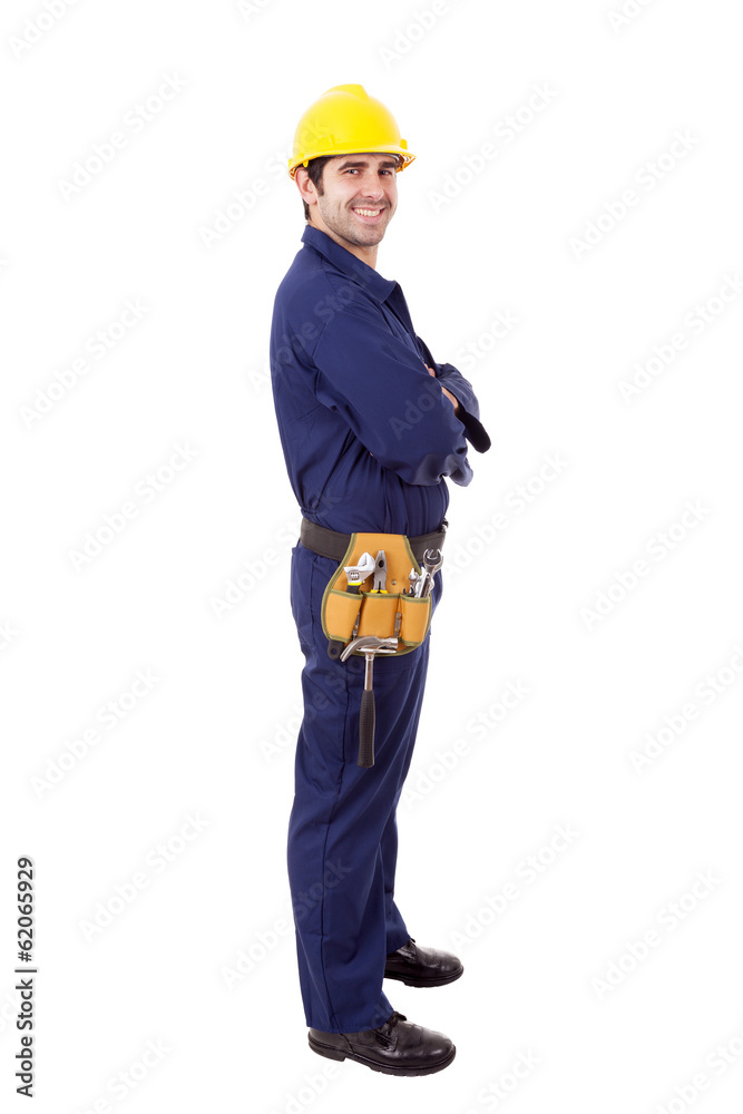 Full body portrait of a worker, isolated on white