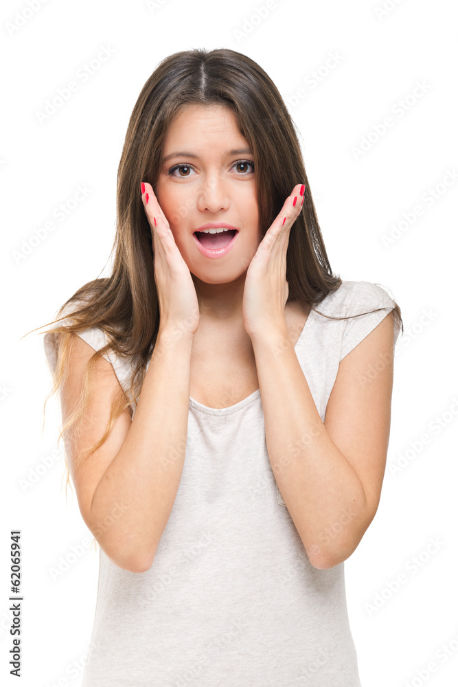 Confused woman puts her hands on her face