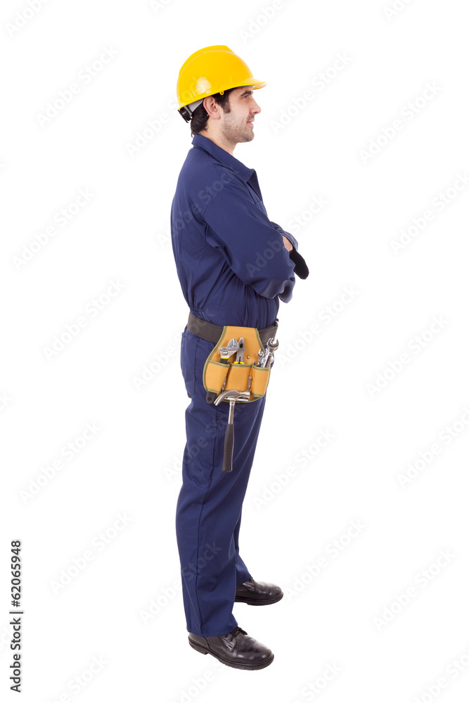 Side view of a worker standing on white background Side view of a worker standing on white background