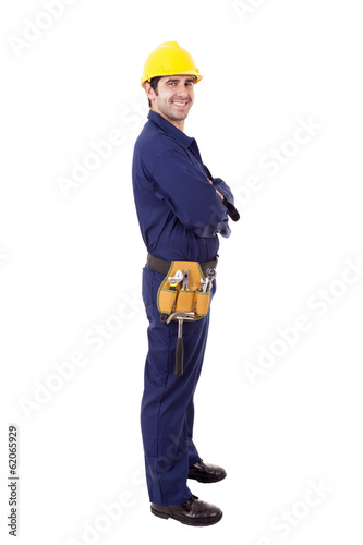 Full body portrait of a worker, isolated on white