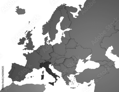 3D Europakarte grau   wei  -  Italien in dunkelgrau