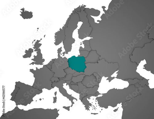 3D Europakarte grau   wei  - Polen in t  rkis