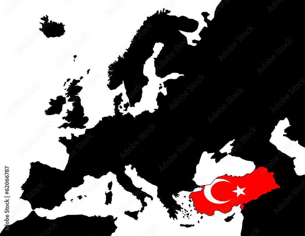 2D Europakarte schwarz/ weiß mit Türkei Flagge
