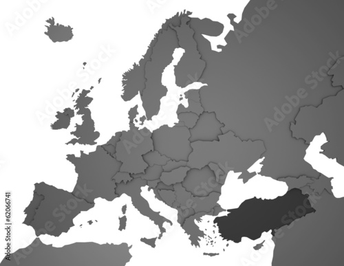 3D Europakarte grau / weiß- Türkei in dunkelgrau photo