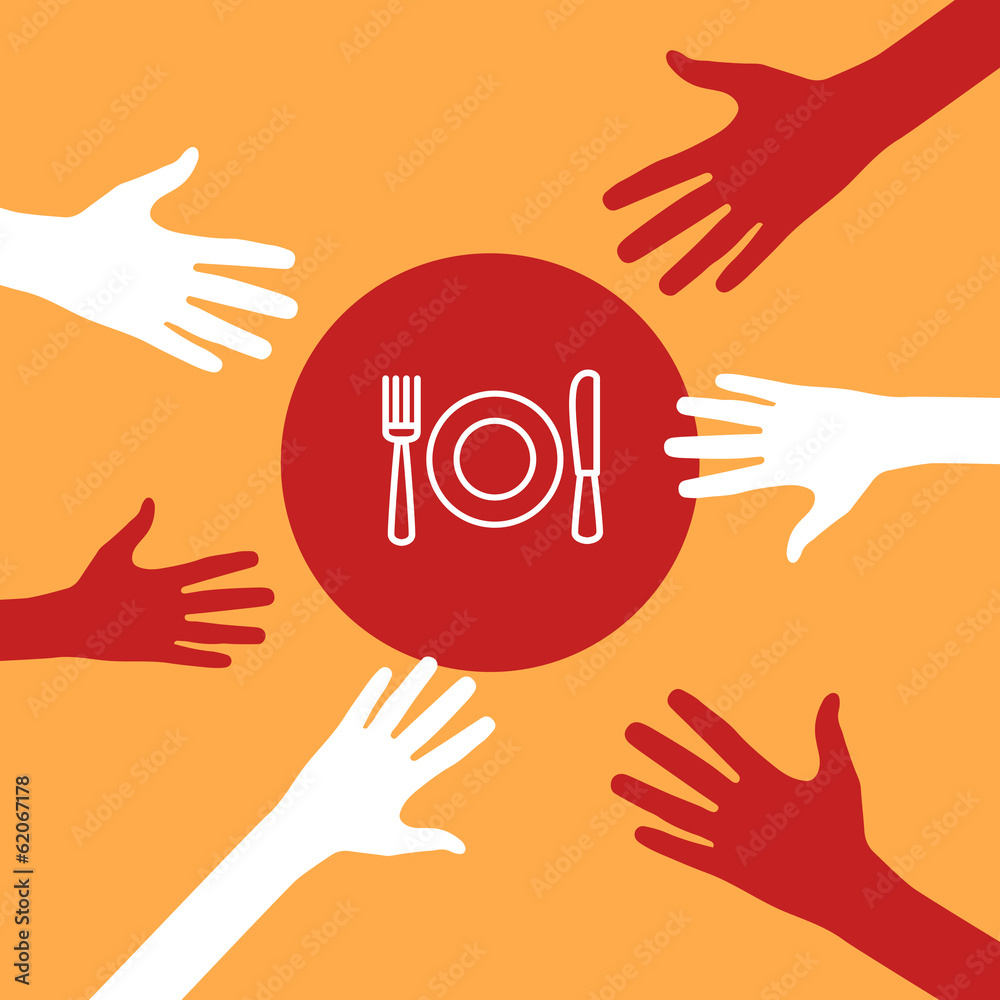 Obraz premium Hands reach for a plate, spoon, fork.