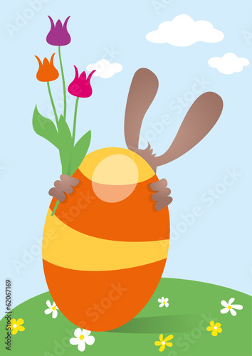 Osterhase hinter Ei,Wiese,Tulpen,Vektor,orange