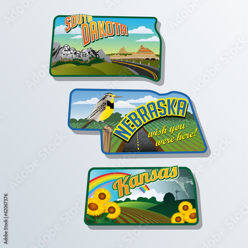 suitcase stickers of  South Dakota, Nebraska, Kansas