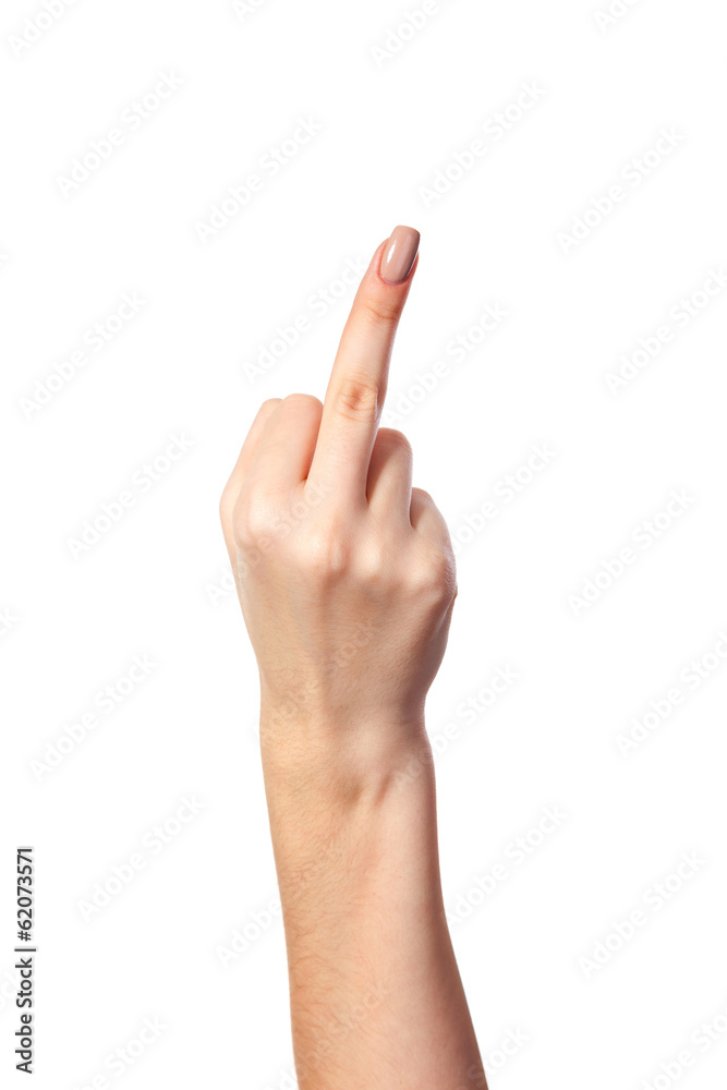Hand is showing a fig sign isolated on white Hand is showing a fig sign isolated on white