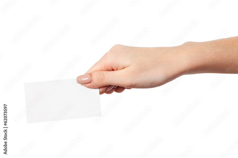Businesswoman's hand holding blank business card Businesswoman's hand holding blank business card
