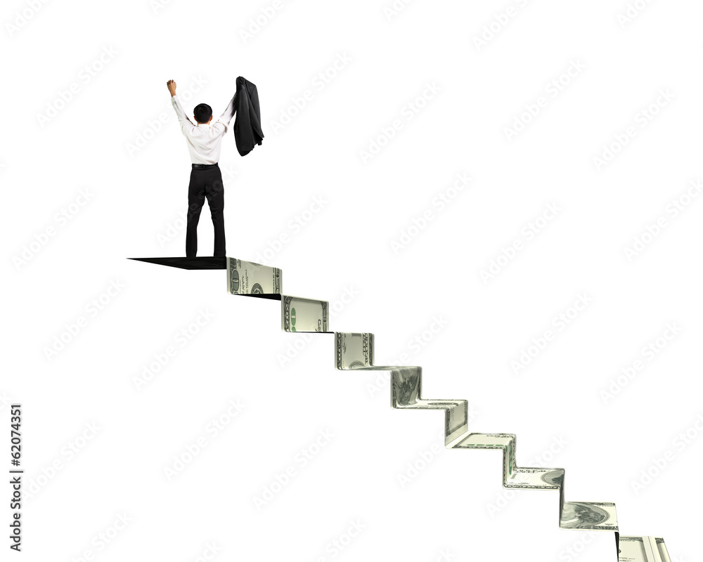 Man on top of money stairs cheering