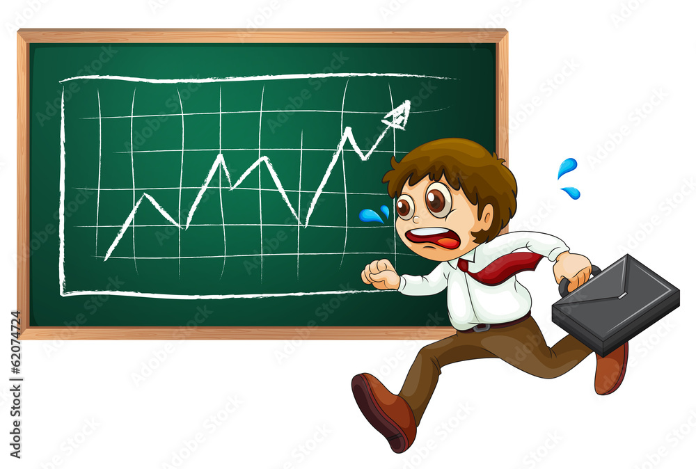 A businessman running hurriedly in front of the blackboard A businessman running hurriedly in front of the blackboard