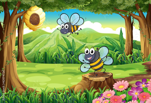A forest with bees and a beehive