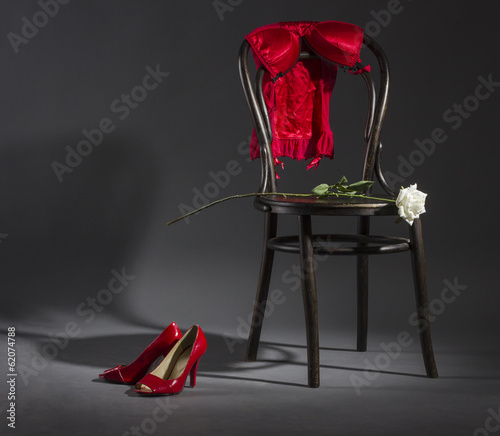 Sexy lingerie, shoes and a white rose on a retro chair.