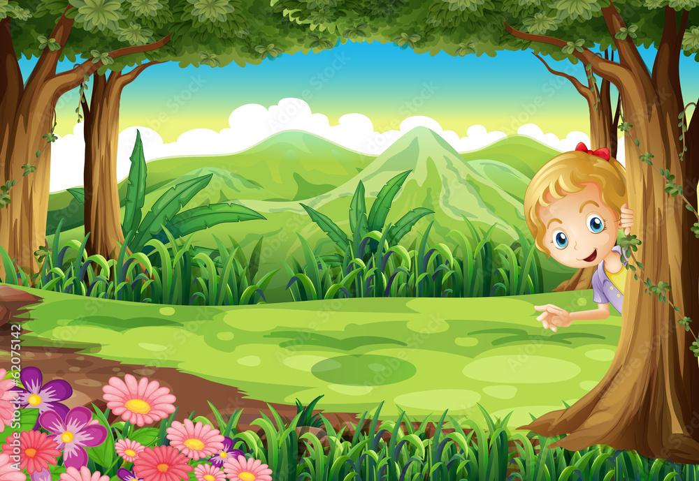 A young girl playing hide and seek at the forest A young girl playing hide and seek at the forest
