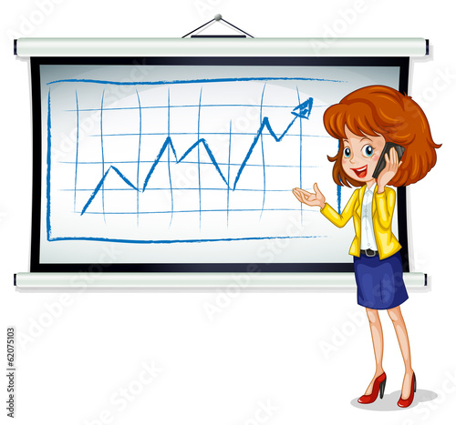 A woman using a cellphone in front of the whiteboard