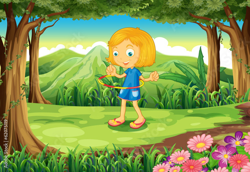 A forest with a child playing
