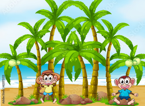 A beach with coconut trees and playful monkeys