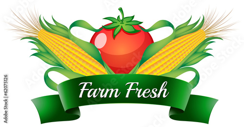 A farm fresh label with sweetcorns and a tomato