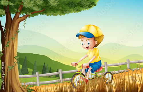 A young boy playing with his bike