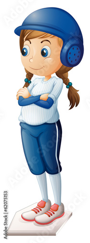 A female baseball player wearing a blue uniform