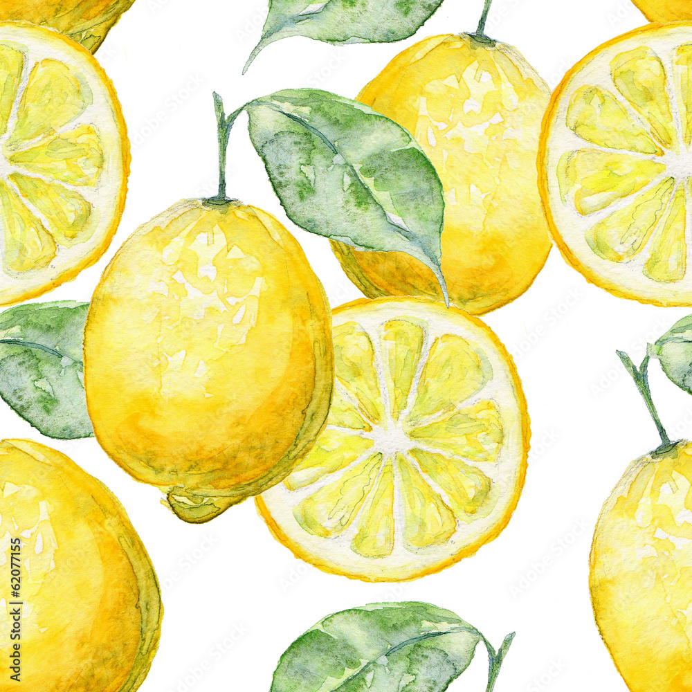 Fototapeta premium Watercolor seamless background fresh lemon.