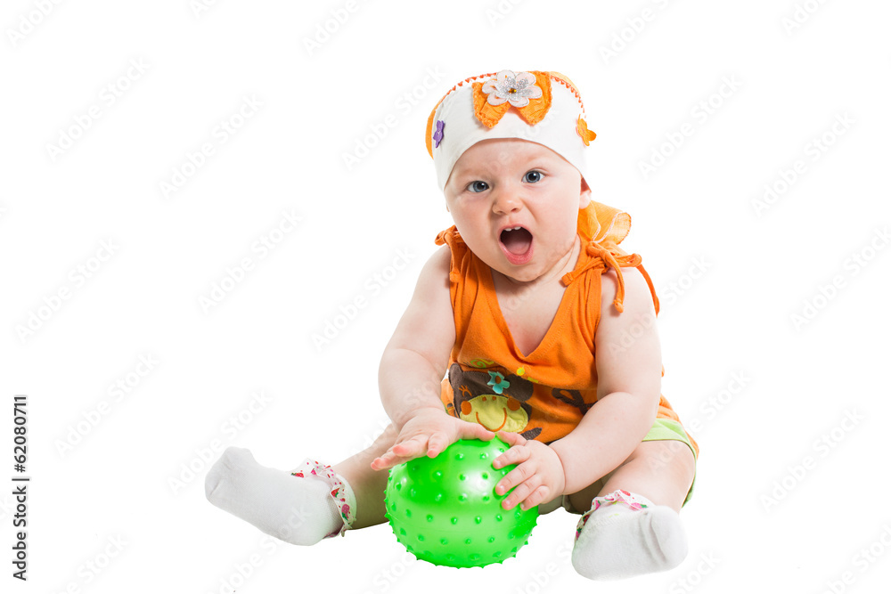 Little cute child girl with ball isolated on white background. Little cute child girl with ball isolated on white background.
