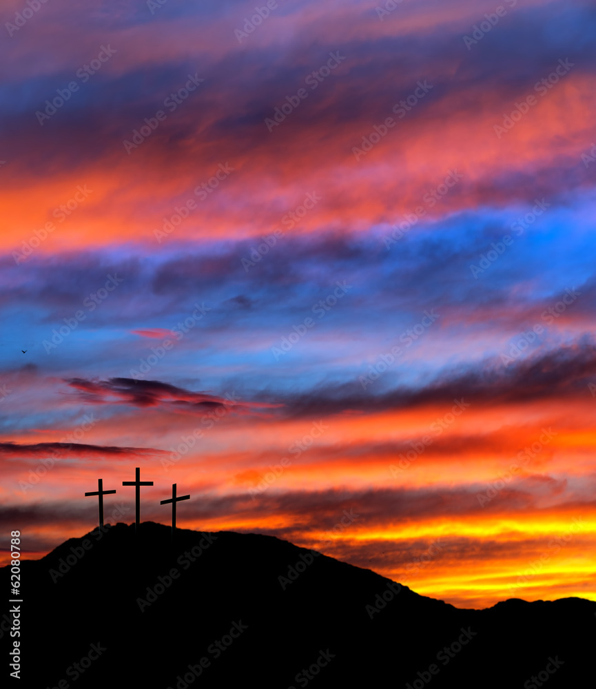 Fototapeta premium Easter sunset sky with crosses - religious Christian background