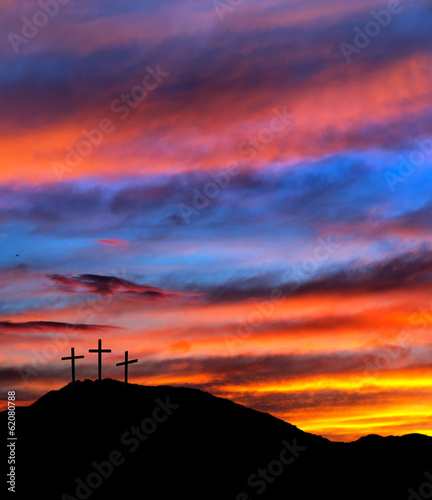 Easter sunset sky with crosses - religious Christian background