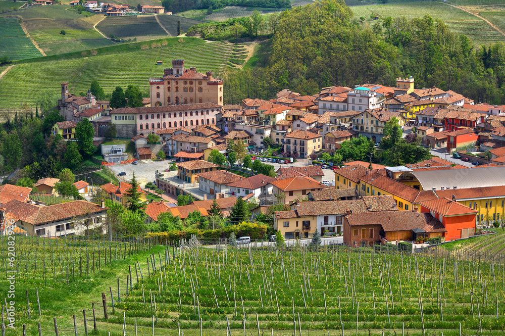 Town of Barolo and green vineyards of Piedmont.