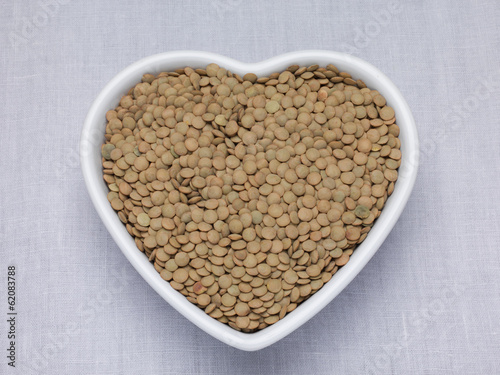 Le Puy green lentils in a heart shaped bowl