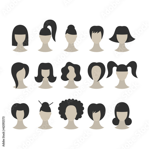 Set of black hairstyles for woman isolated on white background