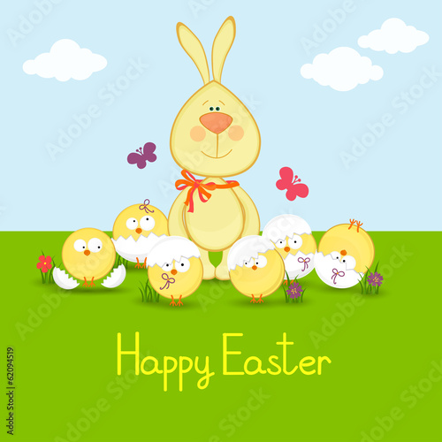 rabbit with funny chickens.easter illustration.