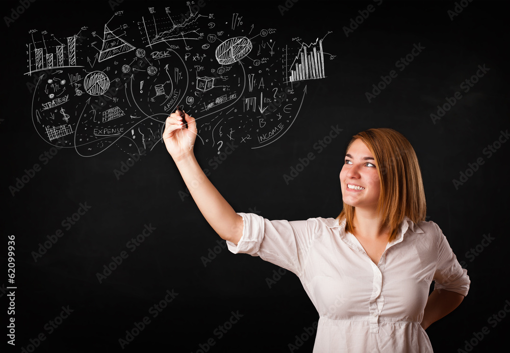 Pretty girl sketching graphs and diagrams on wall Pretty girl sketching graphs and diagrams on wall