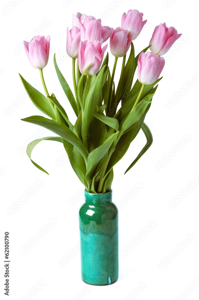 pink tulips in gree vase isolated on white background pink tulips in gree vase isolated on white background