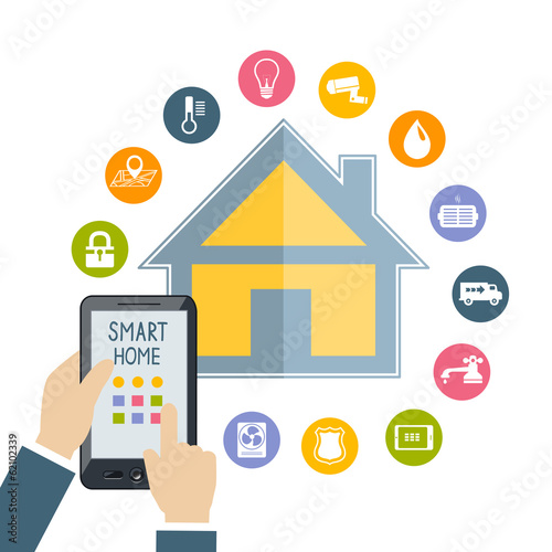 Hand holding mobile phone controls smart home