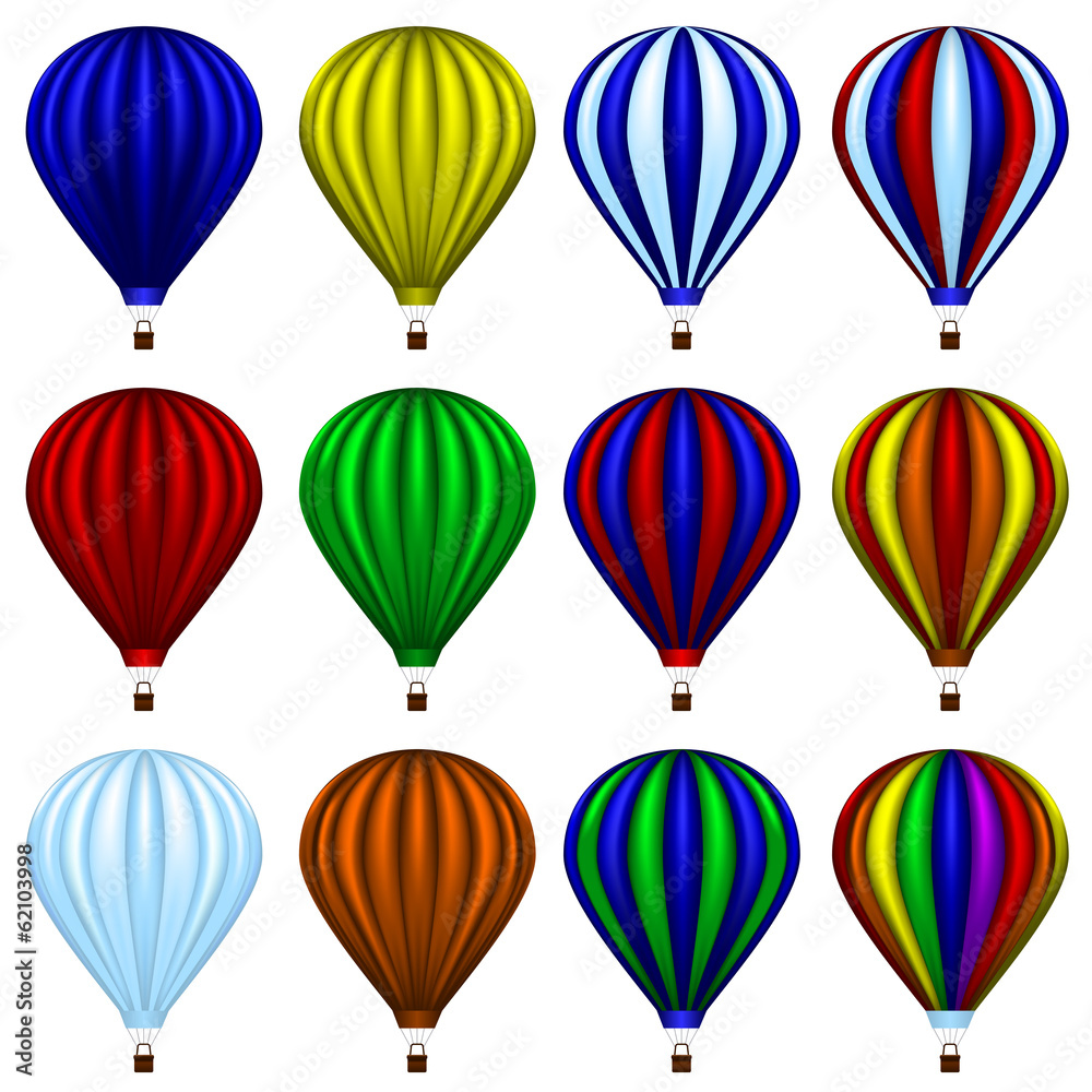 Set of twelve hot air balloons isolated on white