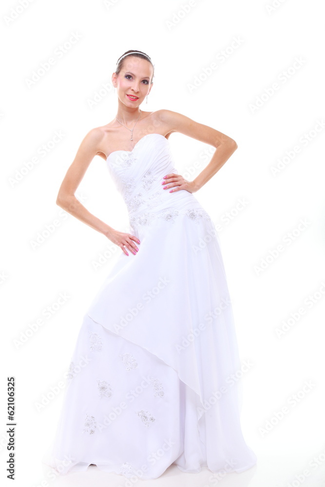 Wedding day. Romantic bride in white dress isolated Wedding day. Romantic bride in white dress isolated