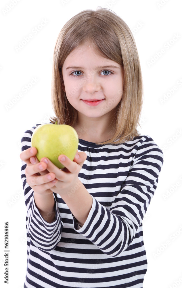 Beautiful little girl holding apple isolated on white Beautiful little girl holding apple isolated on white