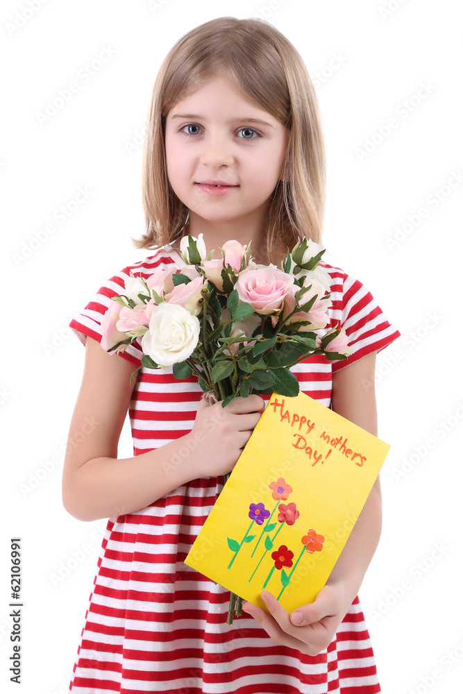 Beautiful little girl holding bouquet and card isolated on Beautiful little girl holding bouquet and card isolated on