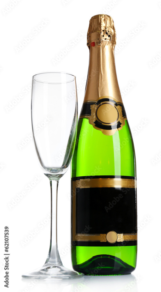 Bottle of champagne and empty champagne glass, isolated on