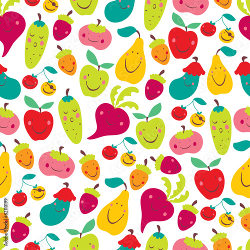 Vegetables and fruit. Cheerful seamless pattern.