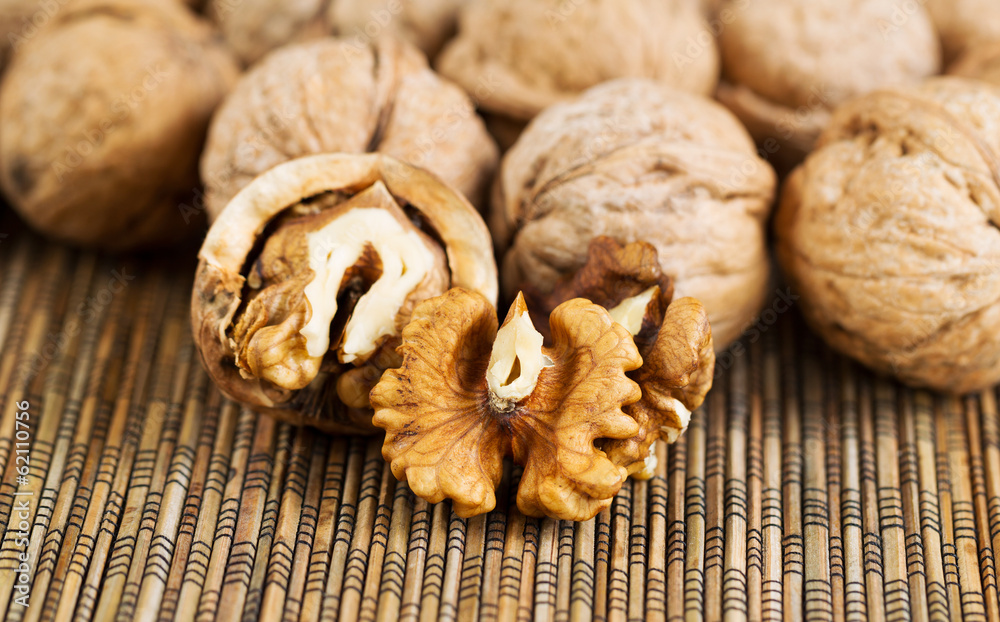 Fresh Walnuts on Bamboo Mat Fresh Walnuts on Bamboo Mat