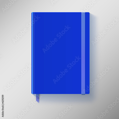 Blue copybook with elastic band and bookmark.